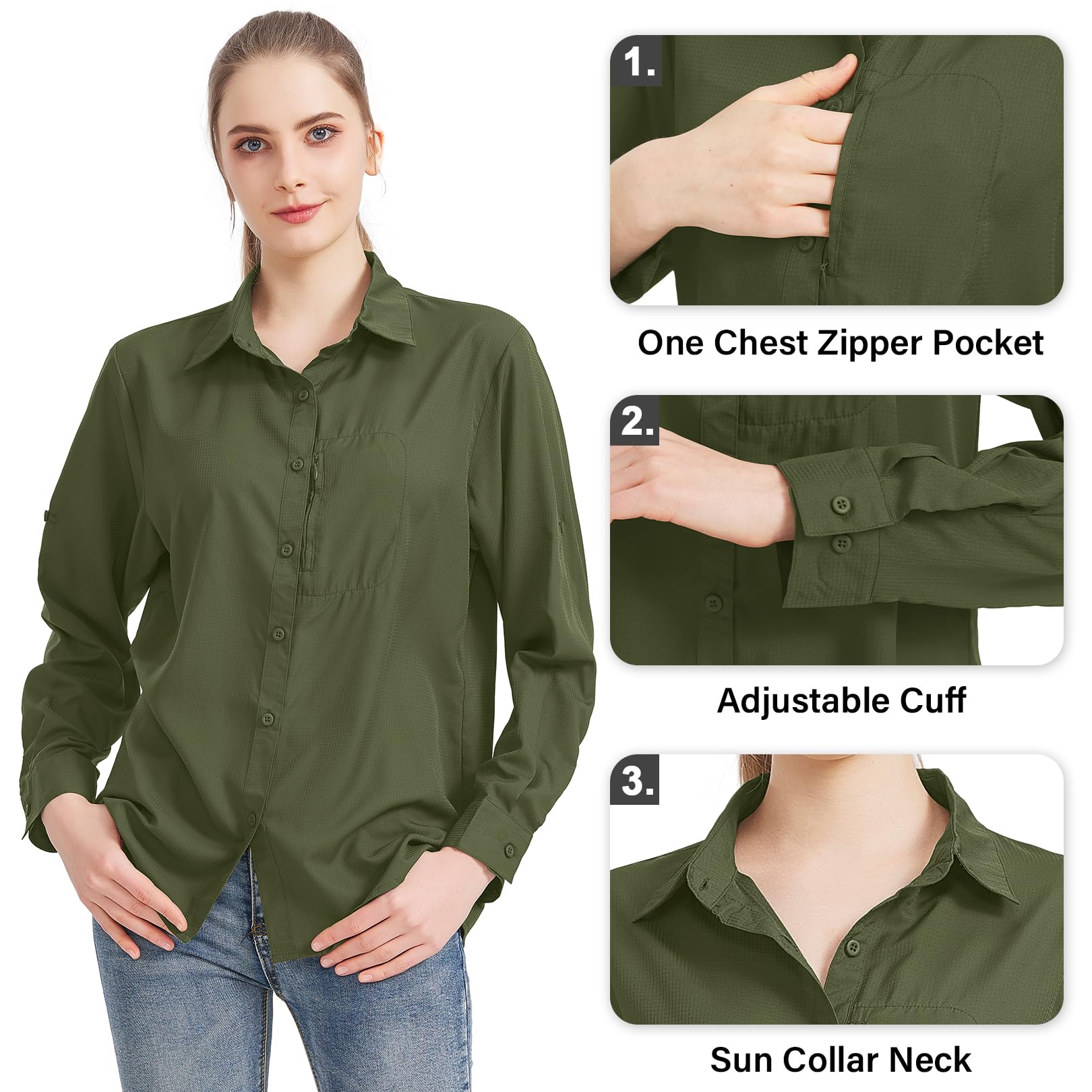 Women's UPF 50 Long Sleeve Sun Protection Shirts Quick Dry Outdoor Fishing Hiking Travel Shirt (5019 Olive green, Small)