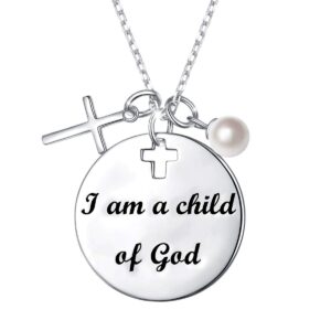 daochong easter gift religious jewelry 925 sterling silver i am a child of god laser engraved round plate pendant necklace with cross charm, 18 + 2 inches