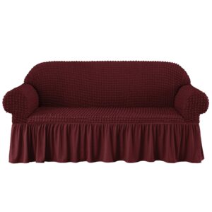 subrtex 1 piece seersucker sofa slipcover with skirt universal stretch sofa couch slipcover easy fitted chair furniture protector(3 seater,wine), large