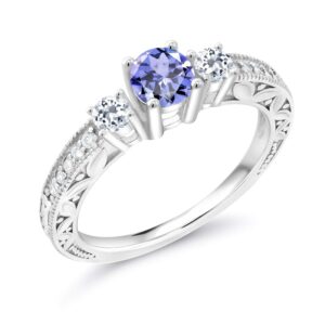 Gem Stone King 925 Sterling Silver Blue Tanzanite and White Topaz Engagement Ring For Women (0.87 Cttw, Round Gemstone Birthstone, Available in size 5, 6, 7, 8, 9)