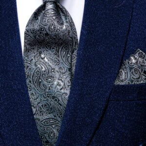 Hi-Tie Men 63inches Tie Set Extra Long Necktie Paisley Tie Pocket Suqare Cufflinks Big and Tall Men Tie,Black Grey