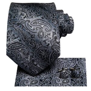 Hi-Tie Men 63inches Tie Set Extra Long Necktie Paisley Tie Pocket Suqare Cufflinks Big and Tall Men Tie,Black Grey