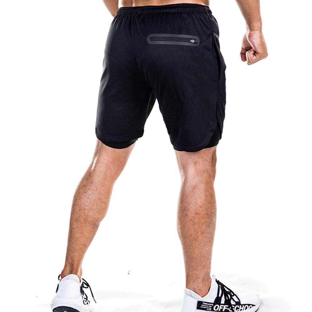 EVERWORTH Men's 2-in-1 Bodybuilding Workout Shorts Lightweight Gym Training Short Running Athletic Jogger with Zipper Pockets Black L Tag 2XL