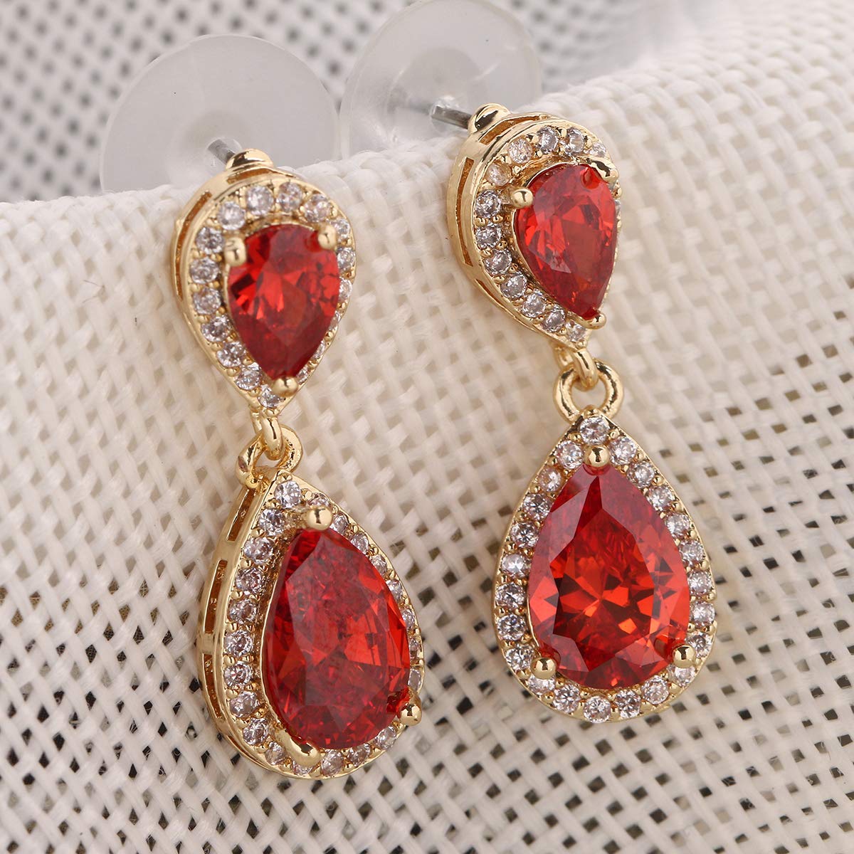 Ruby Gold Earrings for Women - 14k Gold Plated Teardrop Earrings Sterling Silver Pear-shaped CZ Cubic Zirconia Crystal Rhinestone Drop Earrings Bridal Jewelry for Bride Bridesmaids Party Prom Dance