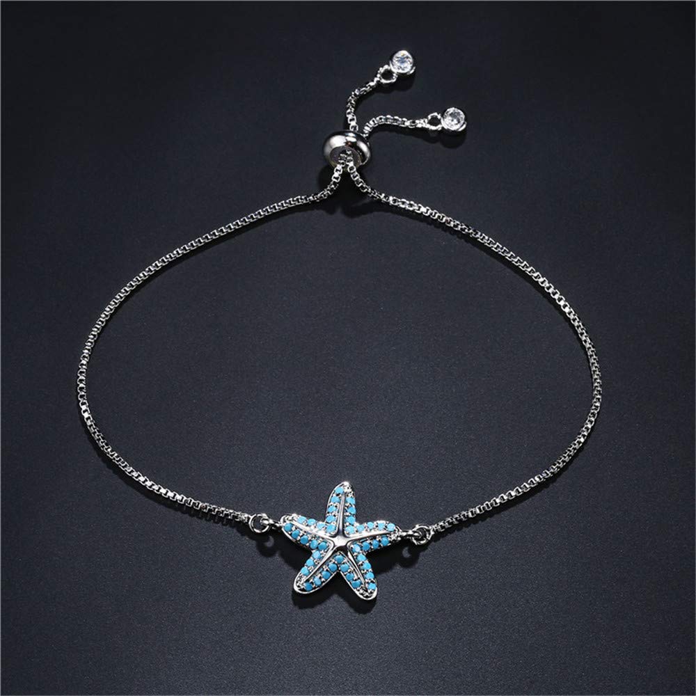 NEWBUY Trendy Starfish Charm Bracelets For Women Turquoise Pave Setting Bracelet Adjustable Length Female Party Jewelry Best Gift For Birthday (White Gold)