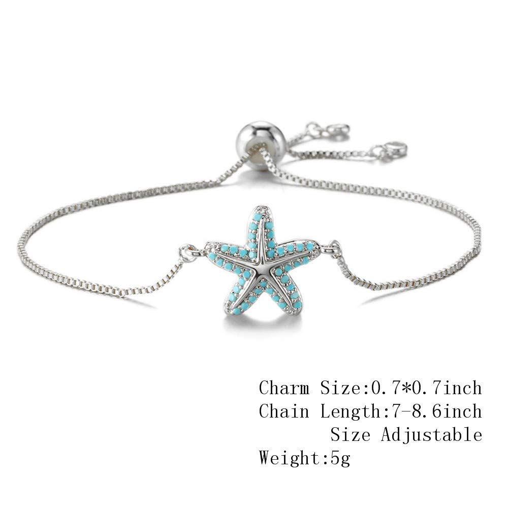 NEWBUY Trendy Starfish Charm Bracelets For Women Turquoise Pave Setting Bracelet Adjustable Length Female Party Jewelry Best Gift For Birthday (White Gold)