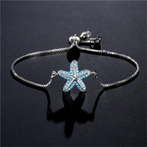 NEWBUY Trendy Starfish Charm Bracelets For Women Turquoise Pave Setting Bracelet Adjustable Length Female Party Jewelry Best Gift For Birthday (White Gold)