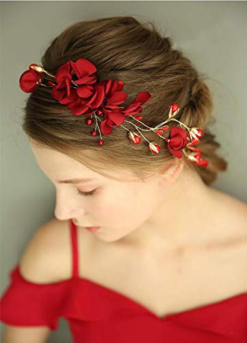 Chargances Wedding Bride Floral Red Headband Crystal Gold Hair Vine with Pearl Rhinestone Hair Accessory Boho Delicate Hair Piece Jewelry for Women and Girls