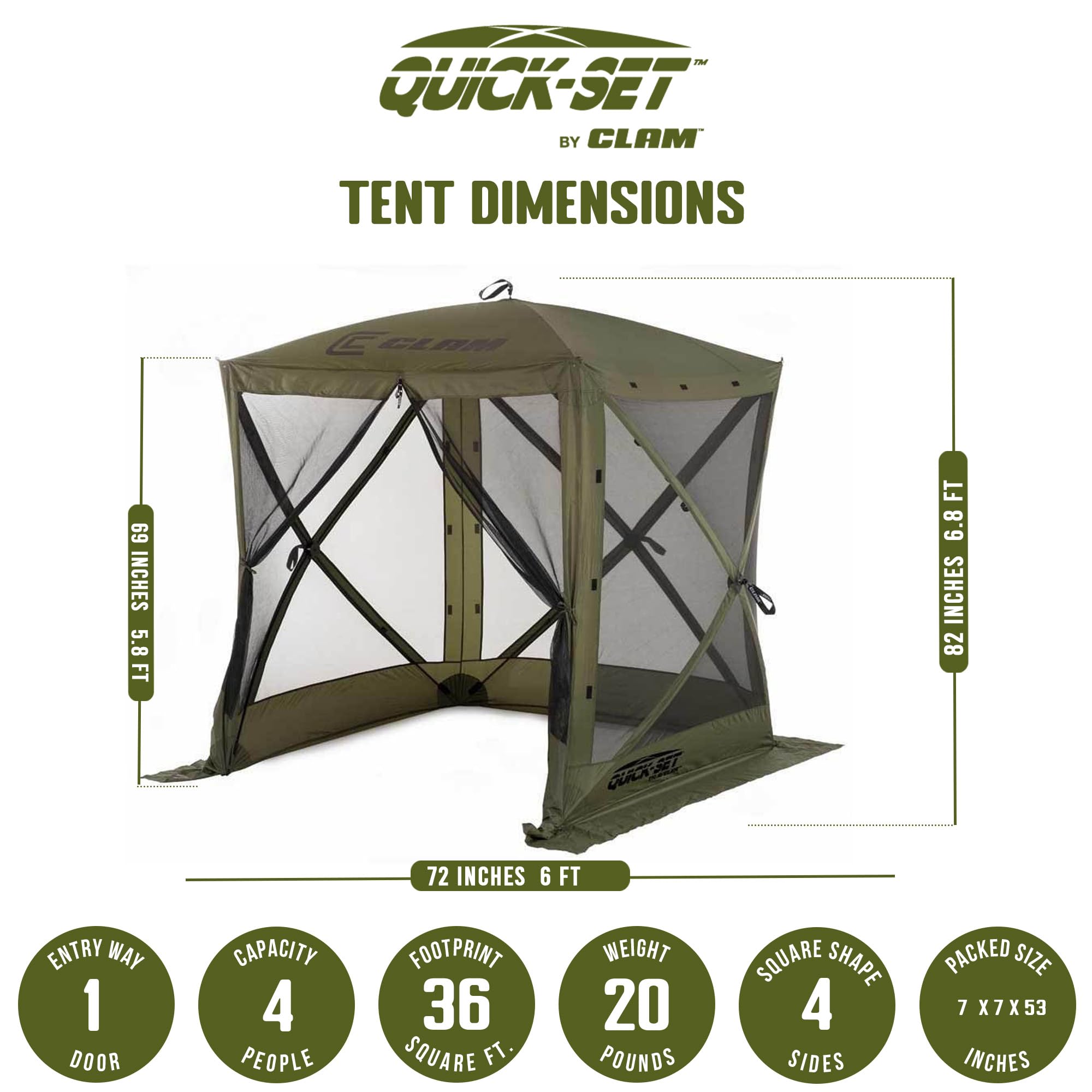 CLAM Quick Set Traveler, 6 x 6 Foot Portable Pop Up Outdoor Camping Gazebo Screen Tent, Canopy Shelter with Carry Bag and Wind Panels (4 Pack), Green