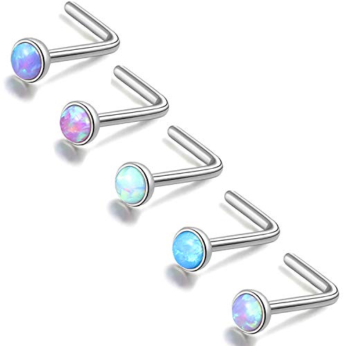 ZS 5 Pieces Opal Nose Studs 20 Gauge Nose Pin Blue Nose Piercing Stud Stainless Steel Nose Stud Retainer L-Shape (5PCS L-shaped Nose Rings)