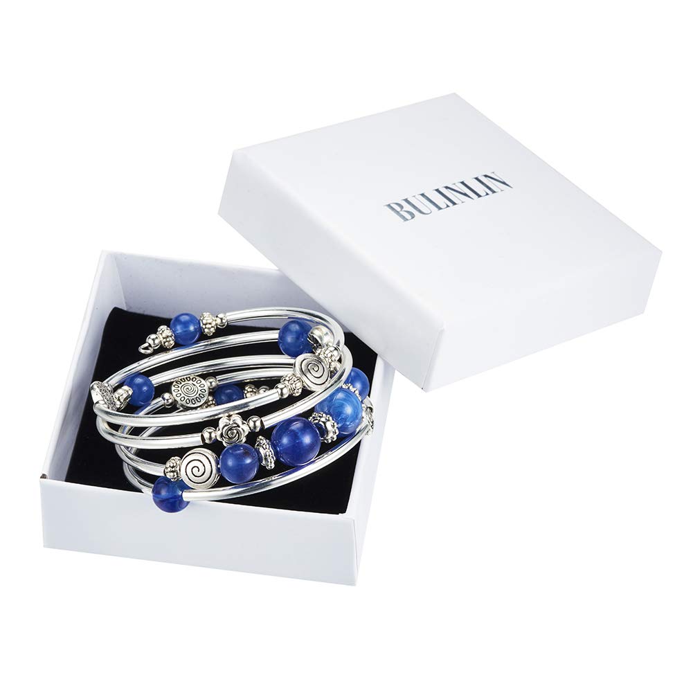 BULINLIN Bead Wrap Bangle Pearl Bracelet - Silver Metal Bracelet Gifts For Women(02-Blue)