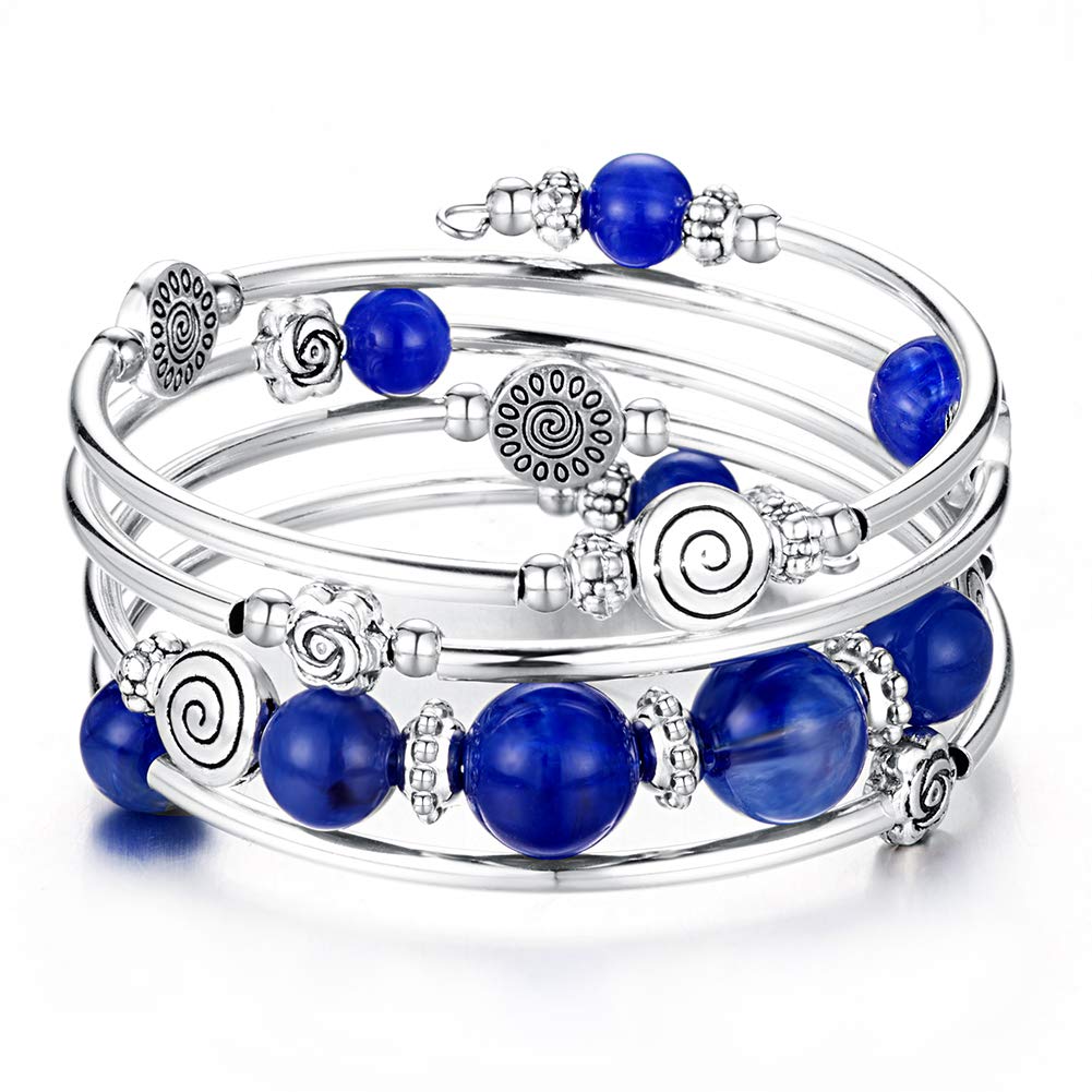 BULINLIN Bead Wrap Bangle Pearl Bracelet - Silver Metal Bracelet Gifts For Women(02-Blue)