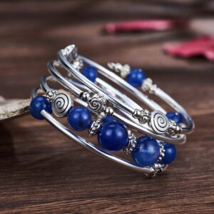 BULINLIN Bead Wrap Bangle Pearl Bracelet - Silver Metal Bracelet Gifts For Women(02-Blue)