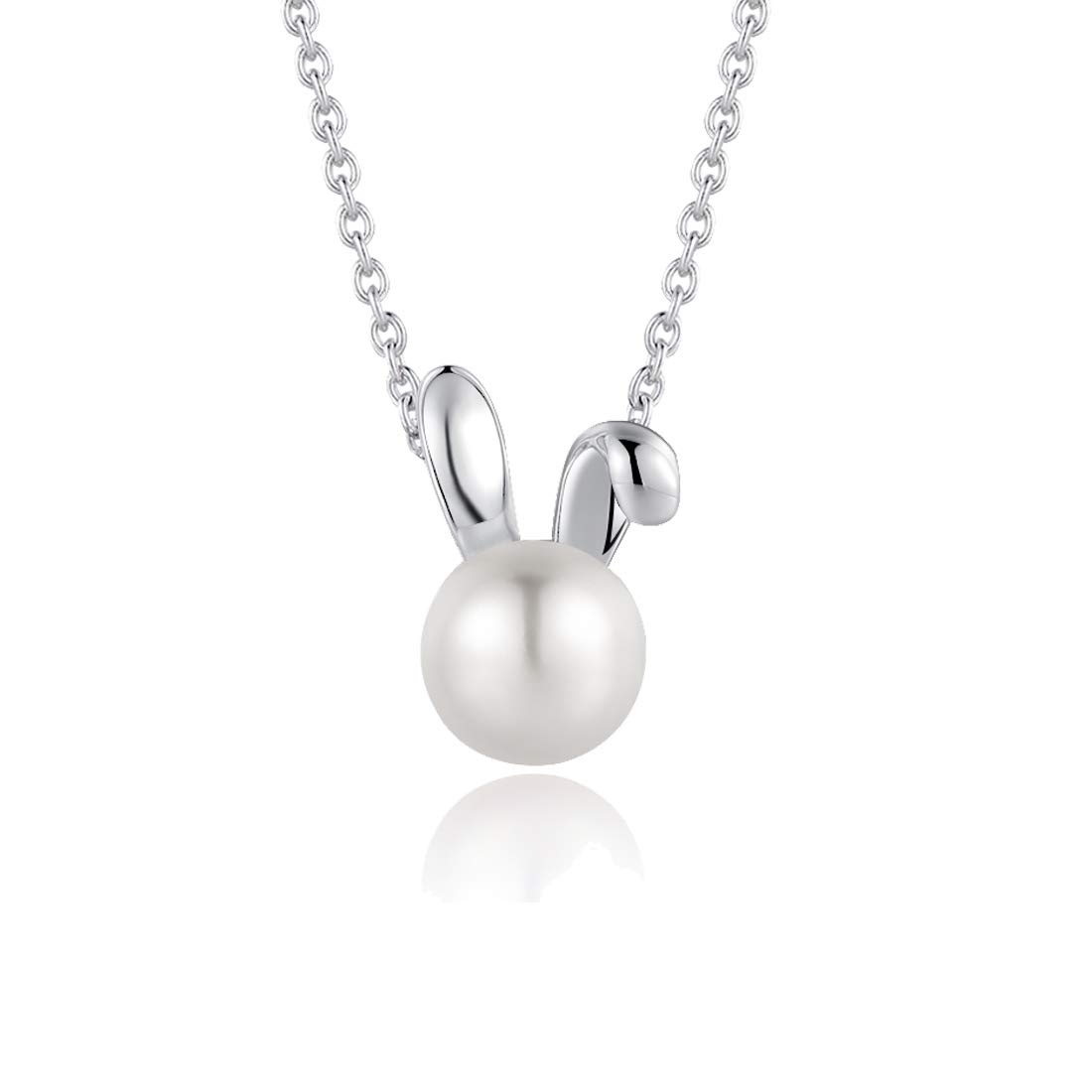 Easter Gift | Sterling Silver Freshwater Pearl Necklace Cute Small Rabbit Pendant Necklace Fine Jewelry for Women 16"+2" Extender