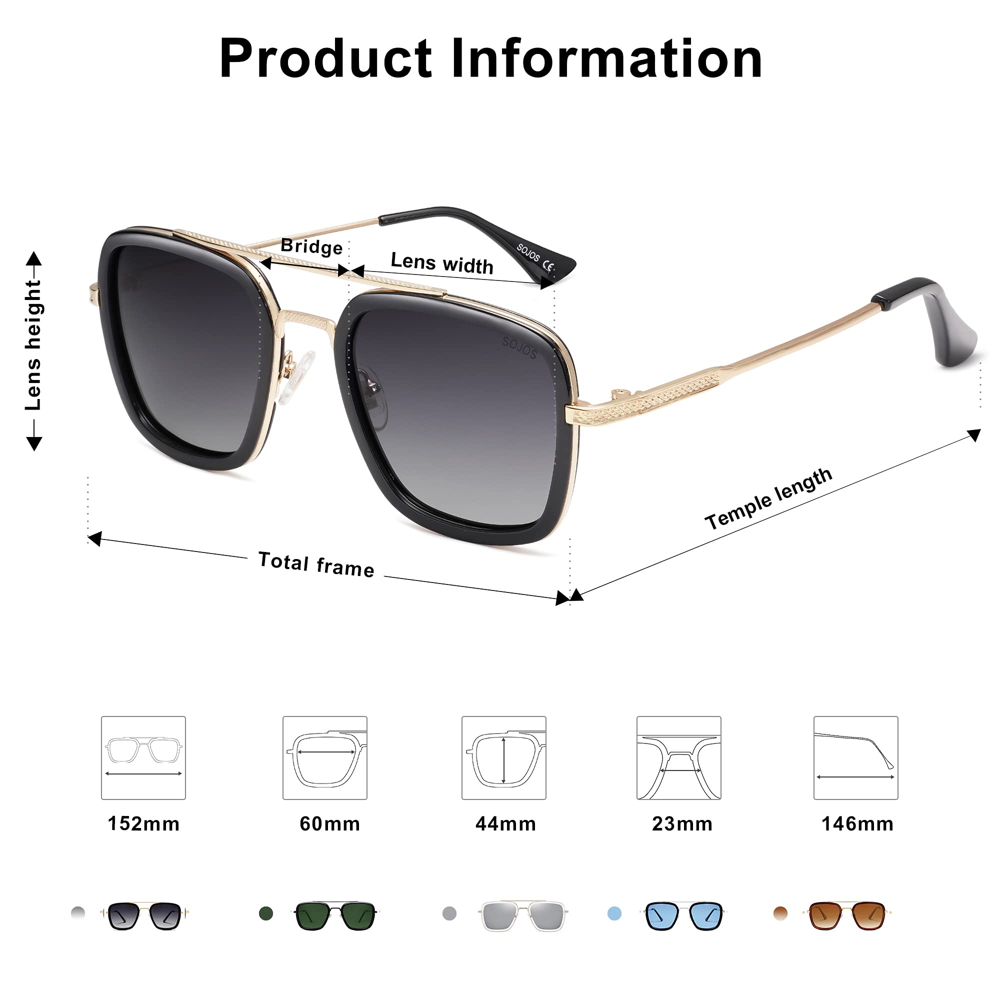 SOJOS Retro Square Polarized Sunglasses for Men Women Goggle Classic Alloy Frame HERO SJ1126 with Gold Frame/Black Rim/Gradient Grey Lens