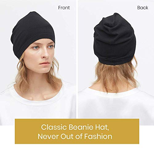 LilySilk 100% Silk Knitted Slouchy Beanie Breathable Thin Women Men Stretch Skull Cap Soft Comfortable (Black, Normal Women Size)