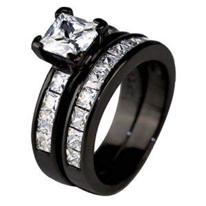 Bridal Sets Black Gold Plated Princess Cut 6mm Cz 2pcs Womens Wedding Band Ring Sets Engagement Ring