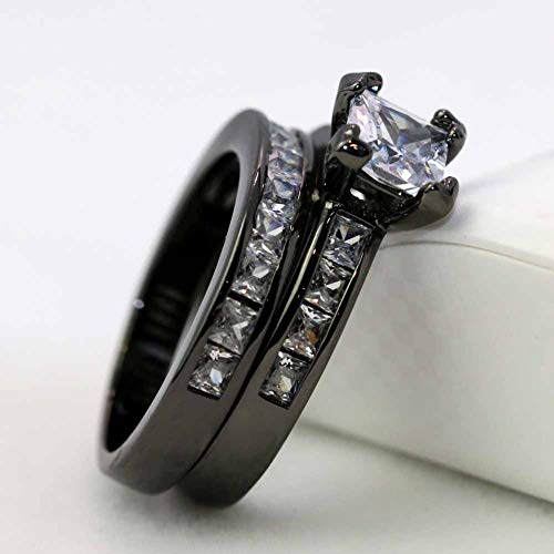 Bridal Sets Black Gold Plated Princess Cut 6mm Cz 2pcs Womens Wedding Band Ring Sets Engagement Ring