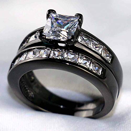 Bridal Sets Black Gold Plated Princess Cut 6mm Cz 2pcs Womens Wedding Band Ring Sets Engagement Ring