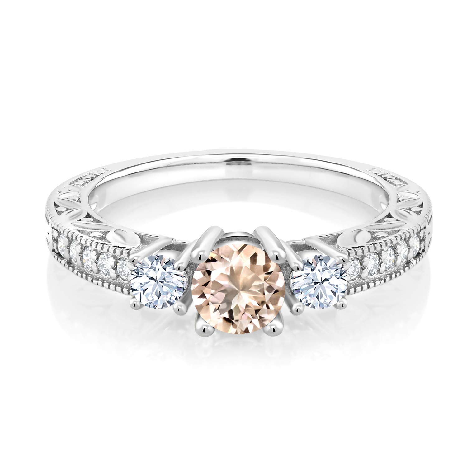 Gem Stone King 925 Sterling Silver Peach Morganite and White Created Sapphire Engagement Ring For Women (0.79 Cttw, Round 5MM, Available in size 5, 6, 7, 8, 9)