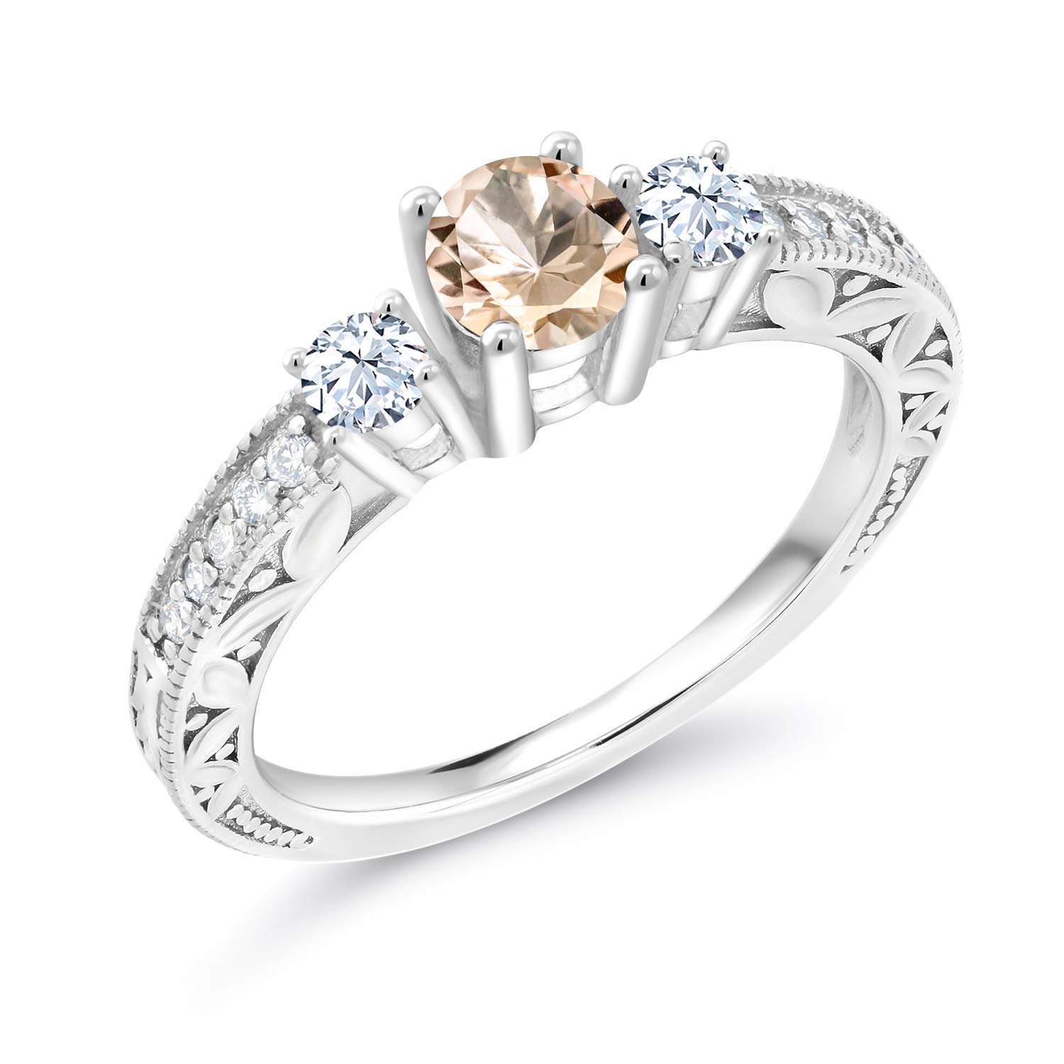 Gem Stone King 925 Sterling Silver Peach Morganite and White Created Sapphire Engagement Ring For Women (0.79 Cttw, Round 5MM, Available in size 5, 6, 7, 8, 9)