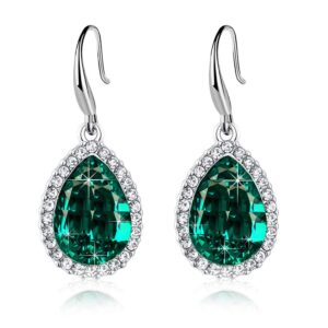 Teardrop Austrian Crystal Halo Dangle Earrings for Women 14K Gold Plated Hypoallergenic Jewelry (Green)