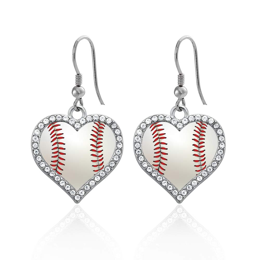 Inspired Silver - Baseball Charm Earrings for Women - Silver Open Heart Charm French Hook Drop Earrings with Cubic Zirconia Jewelry