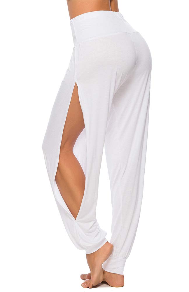 AvaCostume Womens Harem Yoga Pants Side Slit Sport Workout Sweatpants White M