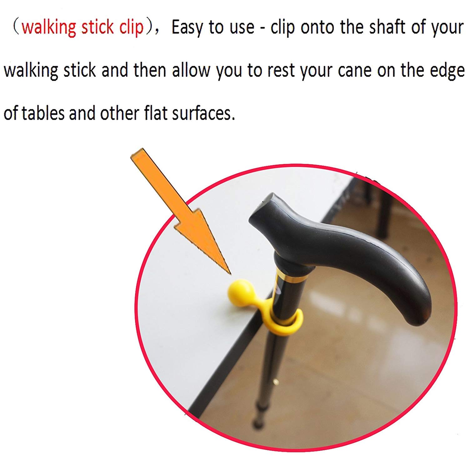 AUXPhome Easy Fit All Cane/Crutch/Walking Stick Support Clip Holder Grip Aid (Yellow) / Clip On Table Rest， and Elastic Wrist Strap (Black) / Keep Your Walking Cane Within Reach. - Universal