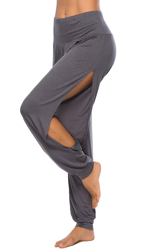 AvaCostume Womens Harem Yoga Pants Side Slit Sport Workout Sweatpants Darkgrey XL