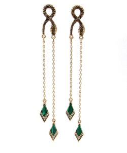 vintage green rhinestone long drop snake earrings studs