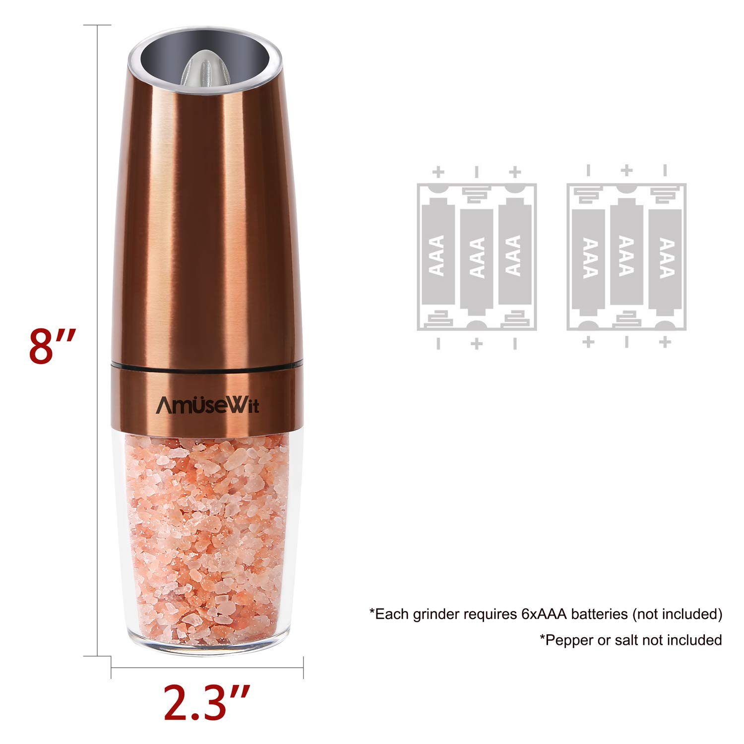 AmuseWit Gravity Electric Pepper and Salt Grinder Set [White Light] Battery Operated Automatic Pepper and Salt Mills with Light,Adjustable Coarseness,One Handed Operation,Copper