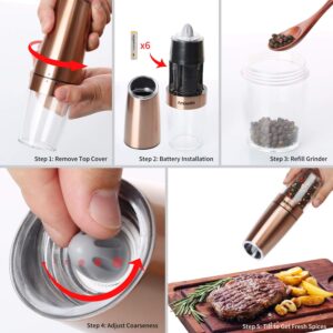 AmuseWit Gravity Electric Pepper and Salt Grinder Set [White Light] Battery Operated Automatic Pepper and Salt Mills with Light,Adjustable Coarseness,One Handed Operation,Copper