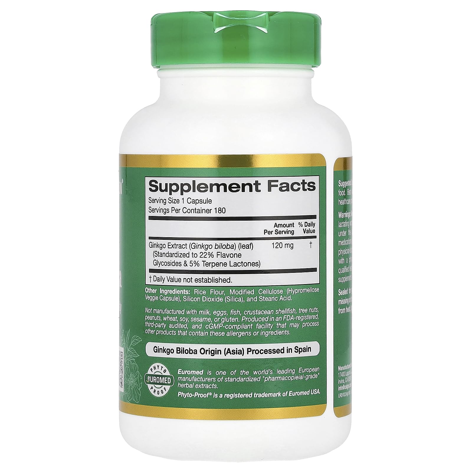 Ginkgo Biloba Extract, EuroHerbs, Supports Cognitive Health, Standardized to 22% Flavone Glycosides, 5% Terpene Lactones, 120 mg, 180 Veggie Capsules