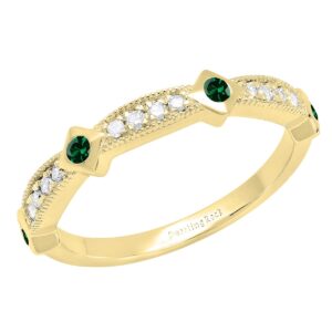 Dazzlingrock Collection 10K Round Emerald & White Diamond Women Vintage Style Anniversary Wedding Band, Yellow Gold, Size 5