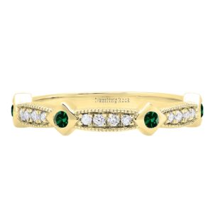 Dazzlingrock Collection 10K Round Emerald & White Diamond Women Vintage Style Anniversary Wedding Band, Yellow Gold, Size 5