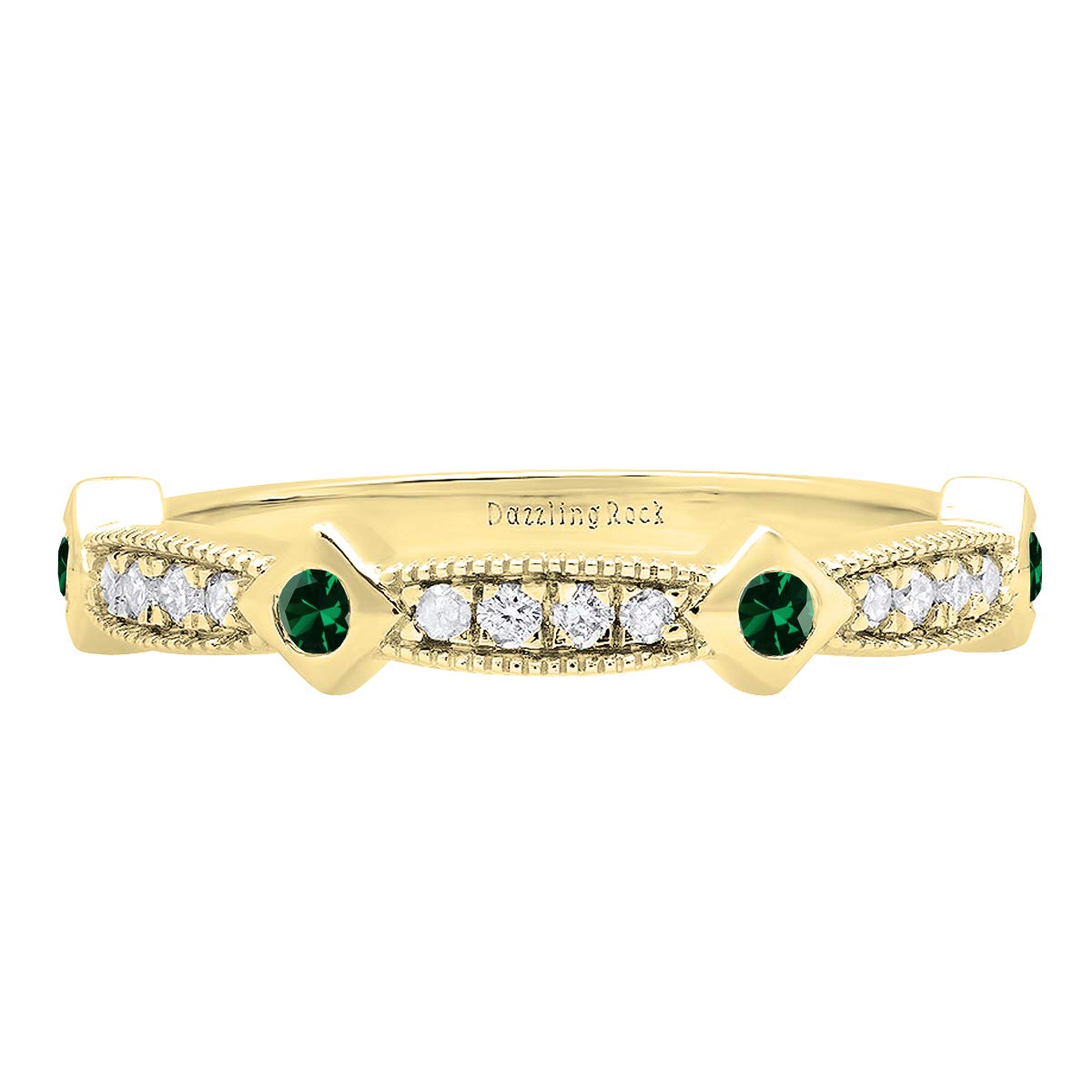 Dazzlingrock Collection 10K Round Emerald & White Diamond Women Vintage Style Anniversary Wedding Band, Yellow Gold, Size 5