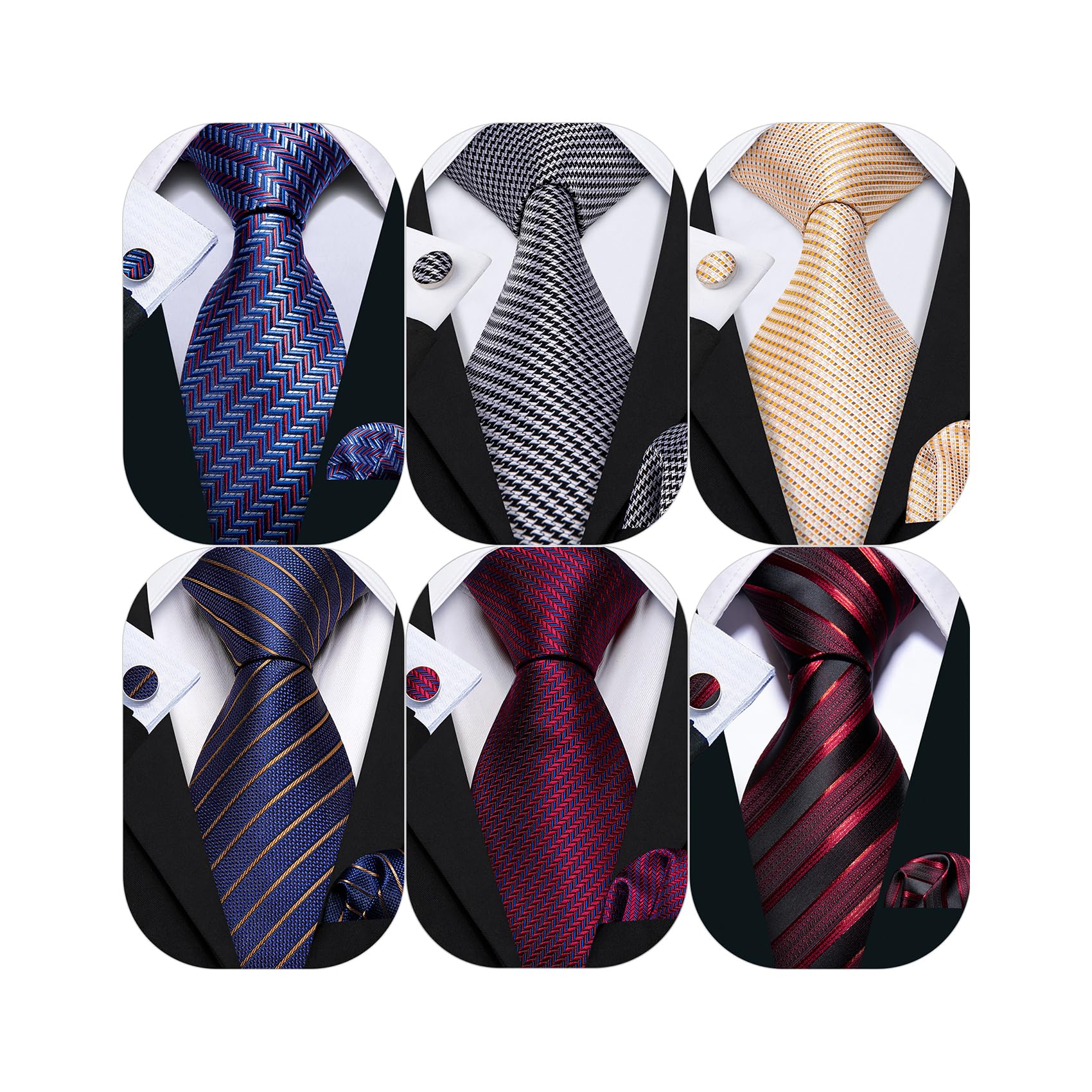 Barry.Wang Mens Stripe Plaid Tie Set with Pocket Square Cufflink Tie Clip Necktie Business Wedding 6PC