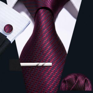 Barry.Wang Mens Stripe Plaid Tie Set with Pocket Square Cufflink Tie Clip Necktie Business Wedding 6PC