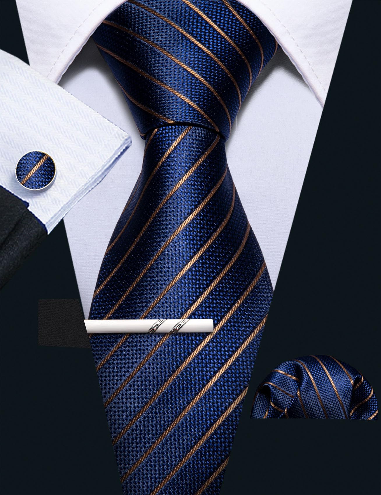 Barry.Wang Mens Stripe Plaid Tie Set with Pocket Square Cufflink Tie Clip Necktie Business Wedding 6PC