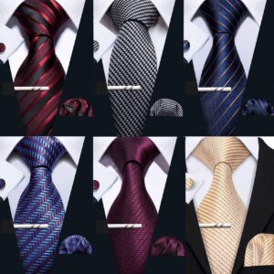 Barry.Wang Mens Stripe Plaid Tie Set with Pocket Square Cufflink Tie Clip Necktie Business Wedding 6PC