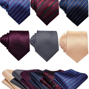 Barry.Wang Mens Stripe Plaid Tie Set with Pocket Square Cufflink Tie Clip Necktie Business Wedding 6PC