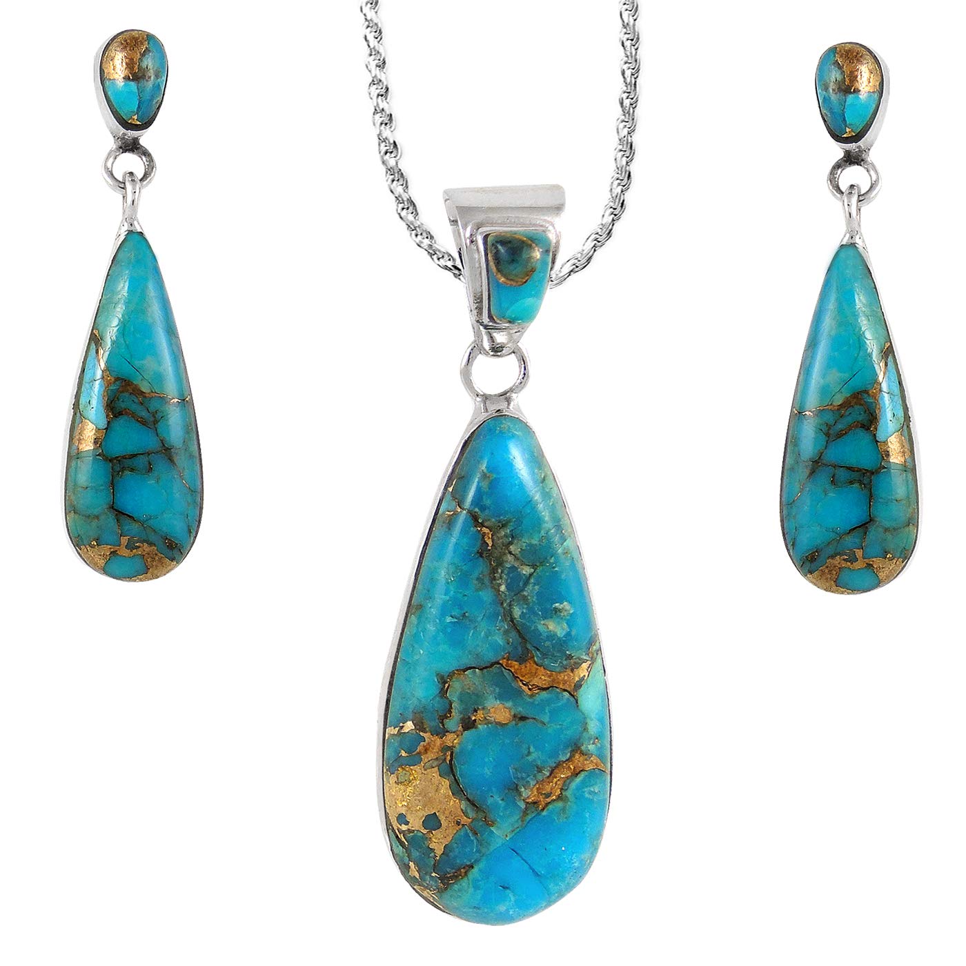 Sterling Silver and Genuine Turquoise Necklace & Earrings Matching Set (Double Drops)