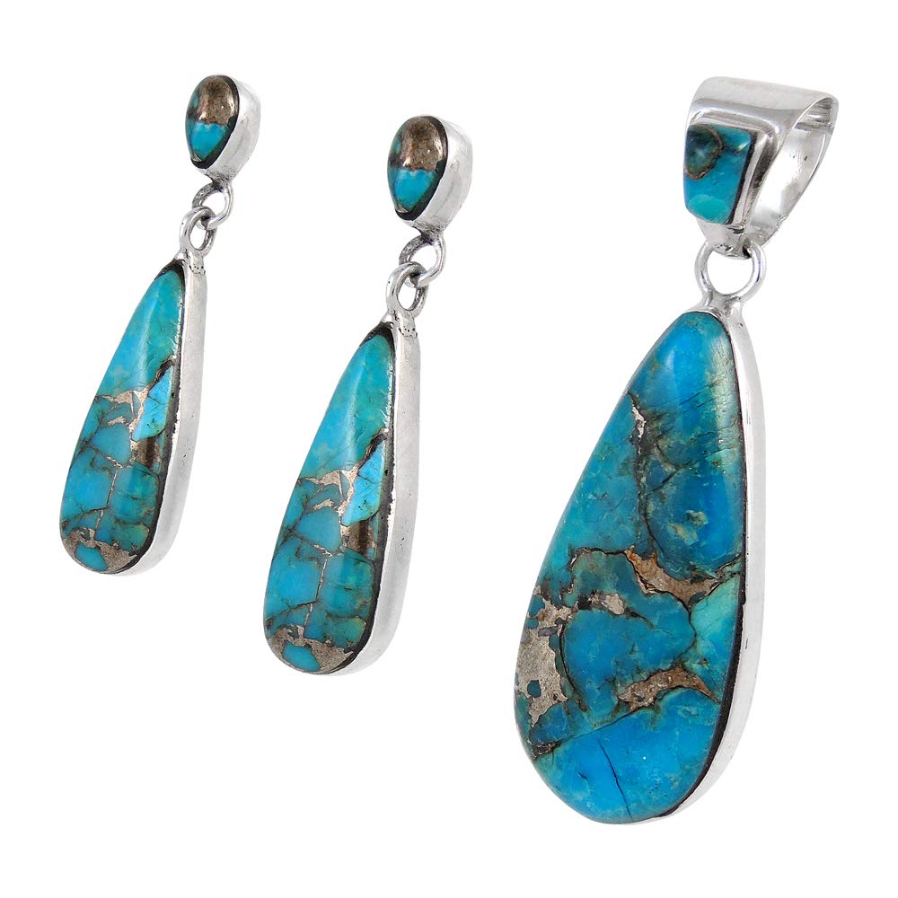 Sterling Silver and Genuine Turquoise Necklace & Earrings Matching Set (Double Drops)