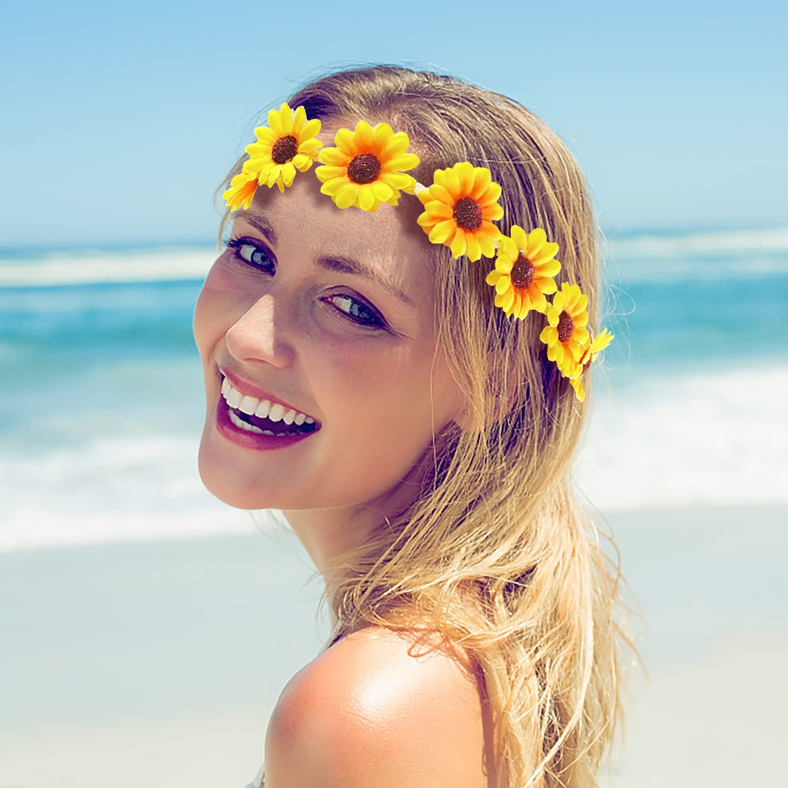 Bnikion 3 Pcs Sunflower Headband Crown Headpiece Daisy Headbands for Women Girl 60s Hippie Boho Hat Accessories Bridal Wedding Summer Beach Party Hair Wreath Garland