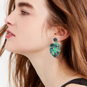 Acrylic Earrings For Women Statement Palm Leaf Earrings Resin monstera Drop Dangle Earrings Fashion Jewelry (Green)