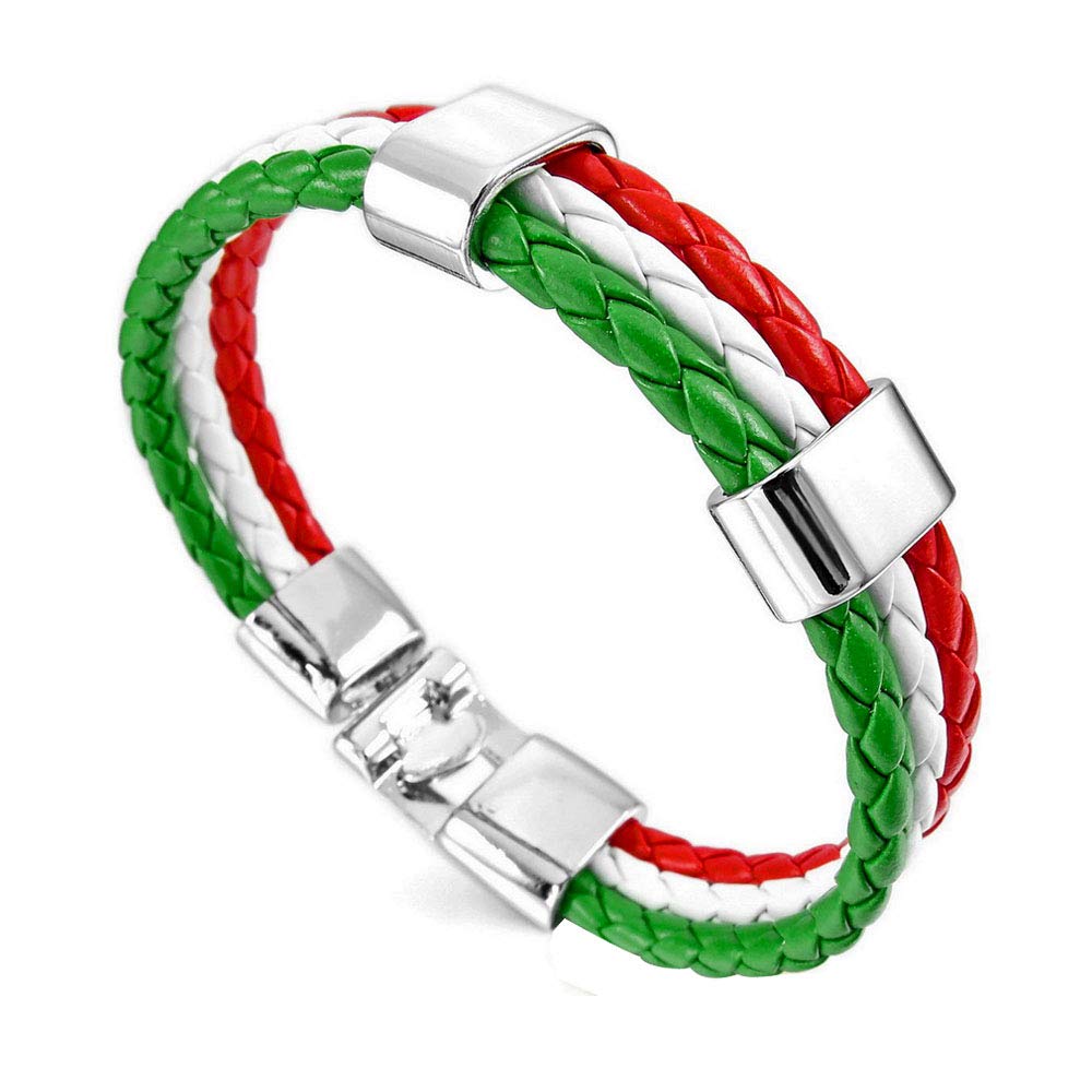 Apzzic 12mm Wide Mens Womens Italy Flag Braided Rope Surfer Leather Bracelet Wristband Cuff Bracelet Bangle 8inch