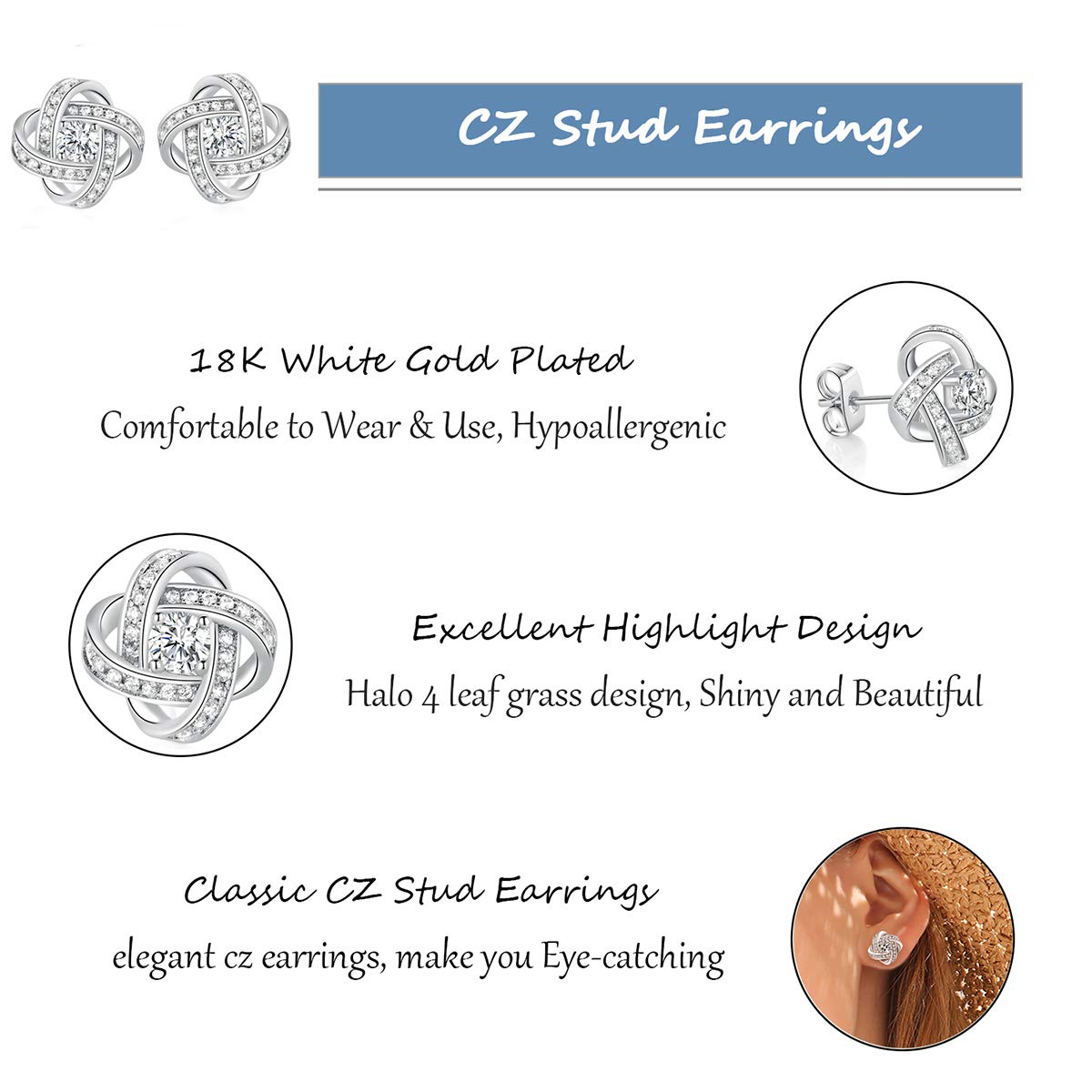 MDFUN Love Knot Earrings 18K White Gold Plated Flower Stud Earrings for Women Cubic Zirconia Earrings