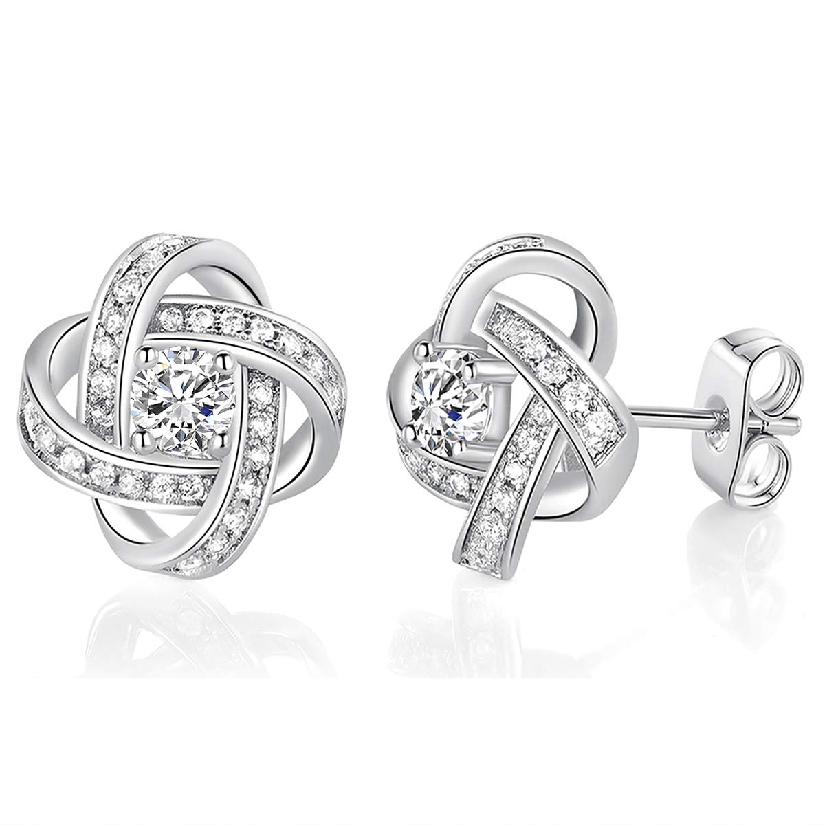 MDFUN Love Knot Earrings 18K White Gold Plated Flower Stud Earrings for Women Cubic Zirconia Earrings