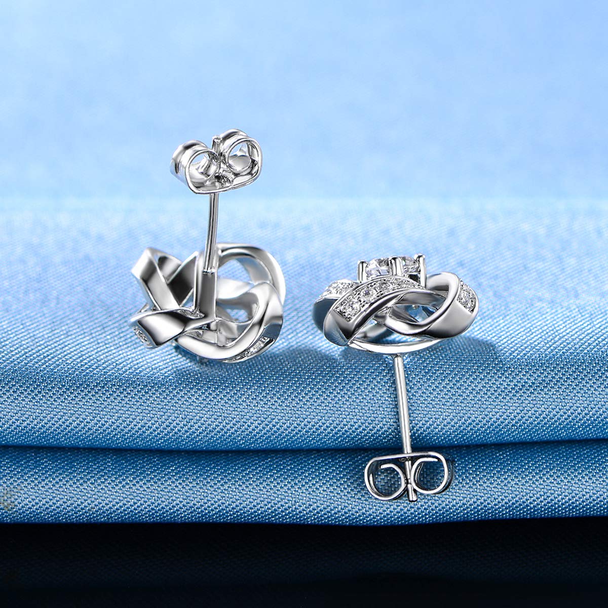 MDFUN Love Knot Earrings 18K White Gold Plated Flower Stud Earrings for Women Cubic Zirconia Earrings